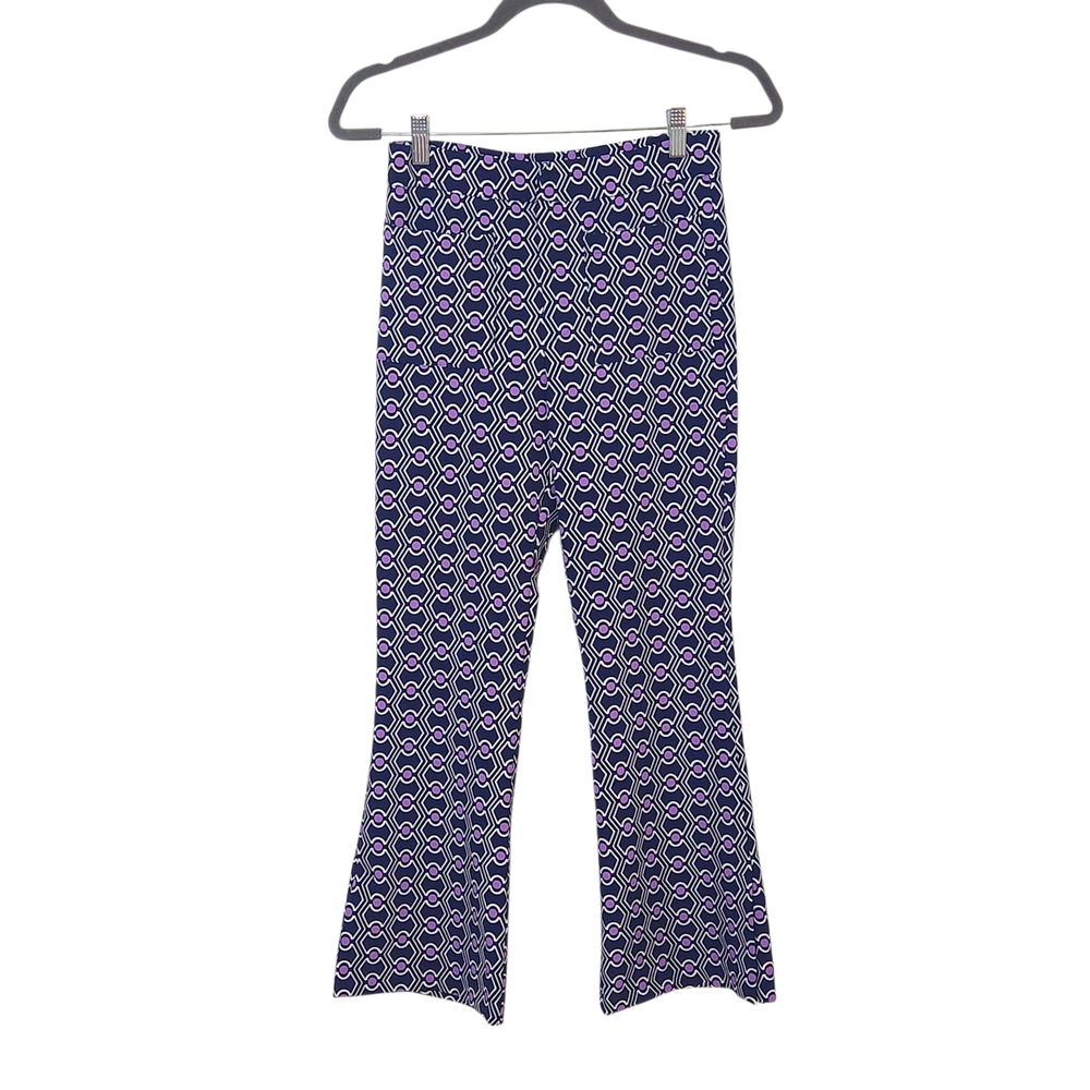 Zara Navy and Purple Retro print Flare Leg Cropped Pants Size Small